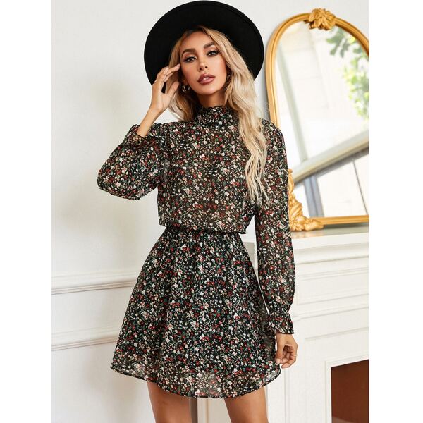 

Mock Neck Ditsy Floral Print Flounce Sleeve Dress, Multicolor