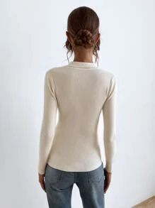 SHEIN Essnce Jersey con botón tejido de canalé - Beis - Ver 2