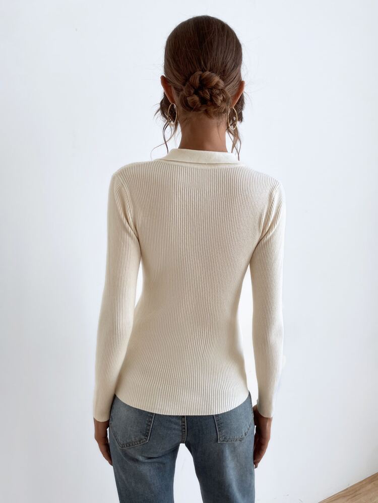SHEIN Essnce Half Button Ribbed Knit Sweater - Beige - View 2
