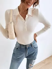 SHEIN Essnce Jersey con botón tejido de canalé - Beis - Ver 3