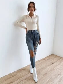 SHEIN Essnce Jersey con botón tejido de canalé - Beis - Ver 4