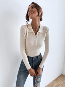 SHEIN Essnce Jersey con botón tejido de canalé - Beis - Ver 6