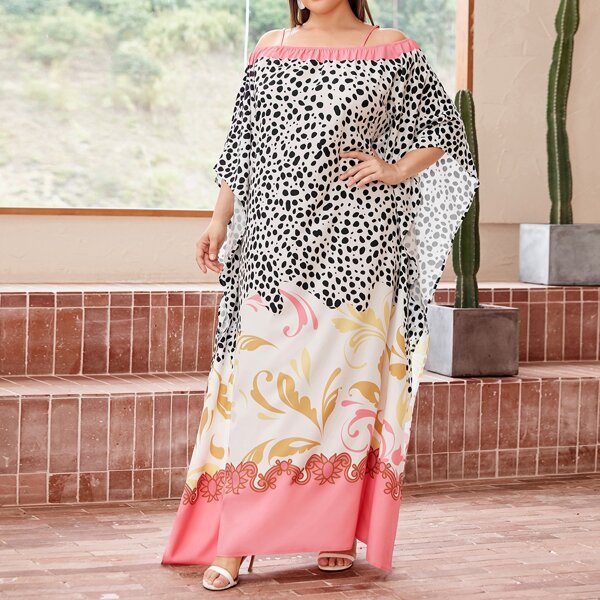 

Plus Dalmatian & Floral Print Cold Shoulder Dress, Multicolor
