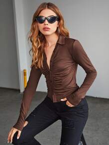 SHEIN EZwear Ruched Button Up Slim Tee - Coffee Brown - View 3