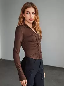 SHEIN EZwear Ruched Button Up Slim Tee - Coffee Brown - View 4