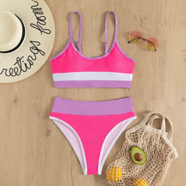 

Color Block Rib Bikini Swimsuit, Multicolor