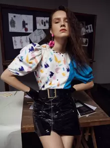 L’Mane Brush Print Colour Block Puff Sleeve Keyhole Back Top - Multicolor - View 1