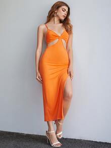 熒光橙鏤空露背高衩洋裝 - 橘色 - 查看 5