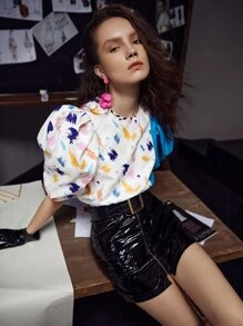 L’Mane Brush Print Colour Block Puff Sleeve Keyhole Back Top - Multicolor - View 4