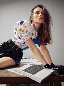 L’Mane Brush Print Colour Block Puff Sleeve Keyhole Back Top - Multicolor - View 6