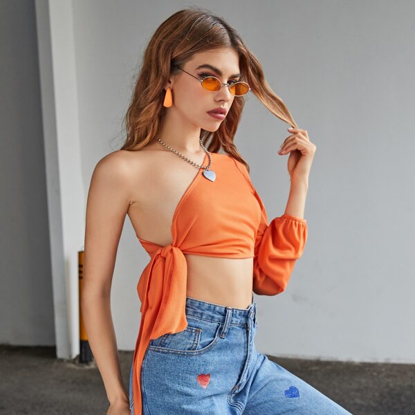 

One Shoulder Knot Side Crop Blouse, Orange