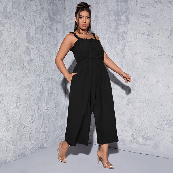 

Plus Frill Trim Wide Leg Cami Jumpsuit, Black