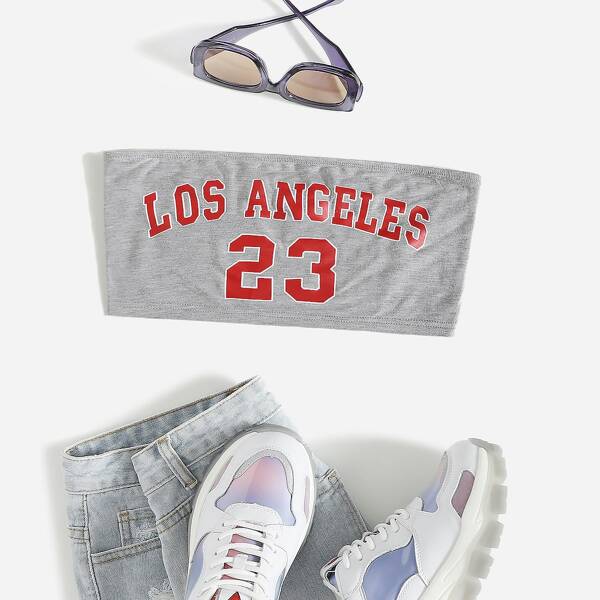 

Letter Graphic Crop Tube Top, Light grey