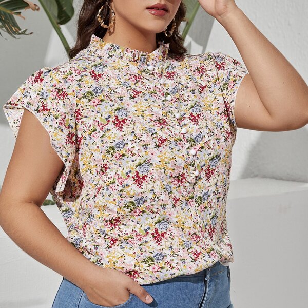 

Plus Allover Floral Print Frill Neck Blouse, Multicolor