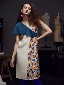 L’Mane 擦色和字母圖案直筒洋裝