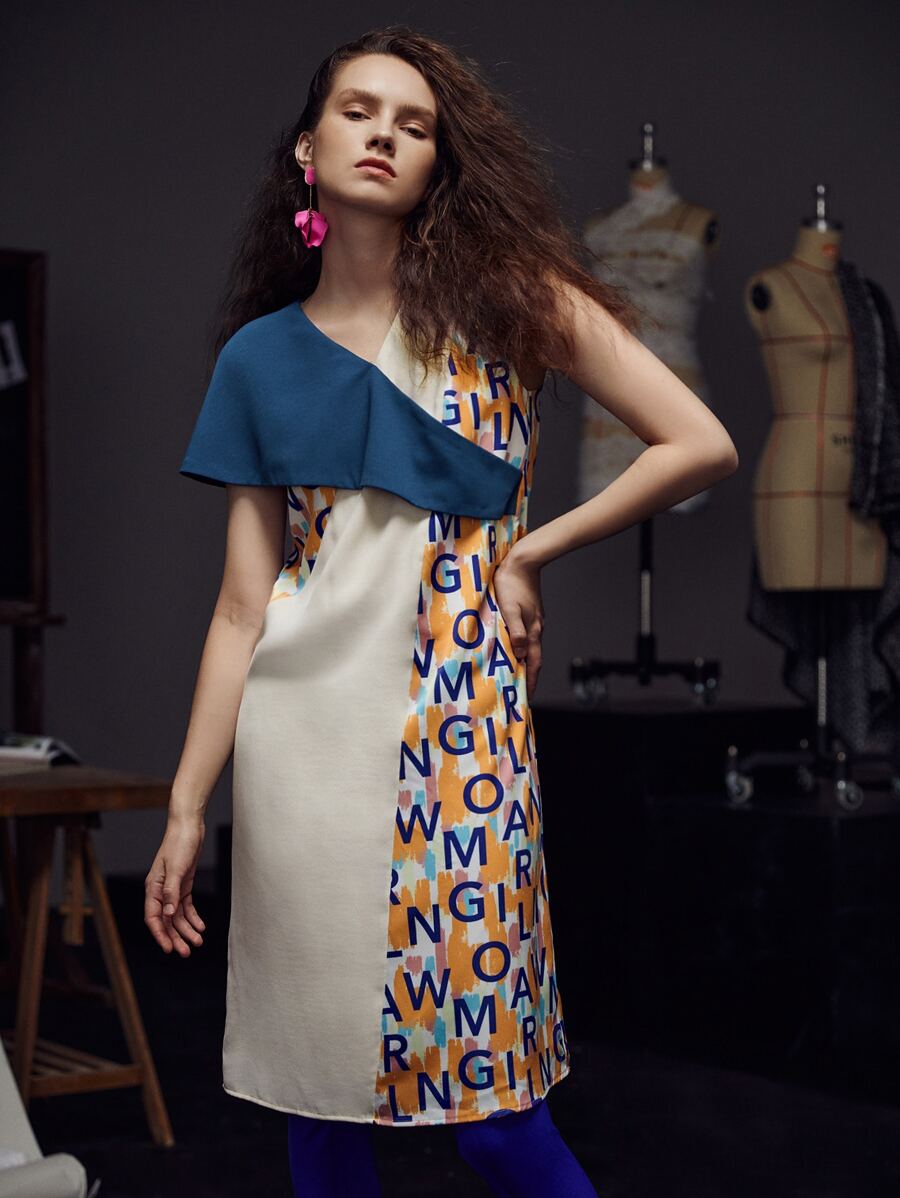 L’Mane 擦色和字母圖案直筒洋裝