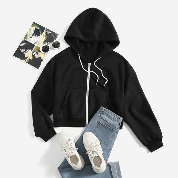 

Plus Pocket Front Zipper Up Hoodie, Black