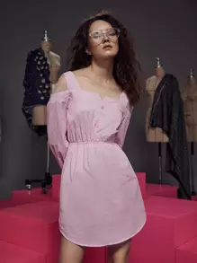 Aynoor Elhibre 挖肩網紗拼接細條紋連衣裙 - 淺粉色 - 查看 1