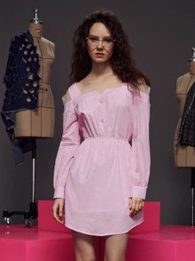 Aynoor Elhibre 挖肩網紗拼接細條紋連衣裙 - 淺粉色 - 查看 3