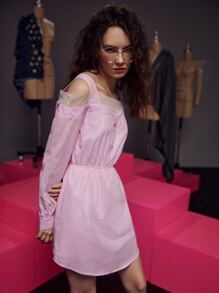 Aynoor Elhibre 挖肩網紗拼接細條紋連衣裙 - 淺粉色 - 查看 5