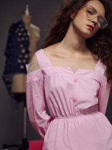 Aynoor Elhibre 挖肩網紗拼接細條紋連衣裙 - 淺粉色 - 查看 6