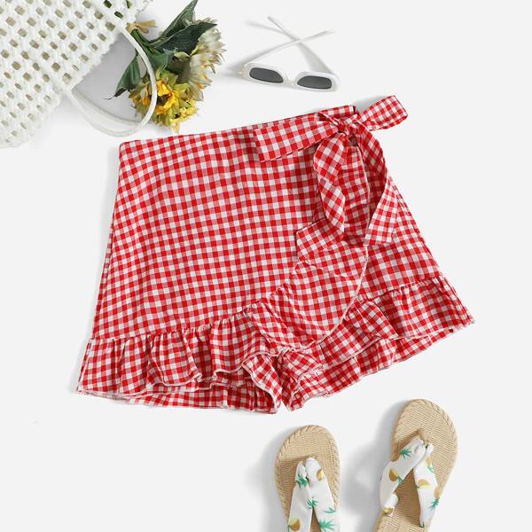 

Knot Side Ruffle Trim Gingham Skort, Red