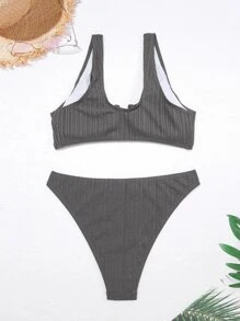 Solid V Wired Bikini For Summer Beach - Coffee Brown - View 2