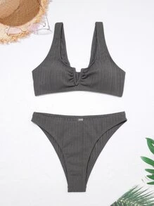 Solid V Wired Bikini For Summer Beach - Coffee Brown - View 5