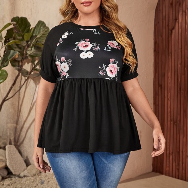 

Plus Floral Print Raglan Sleeve Babydoll Tee, Black