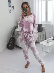 SHEIN LUNE Conjunto top de tie dye de hombros caídos con pantalones de cintura con cordón - Multicolor - Ver 1
