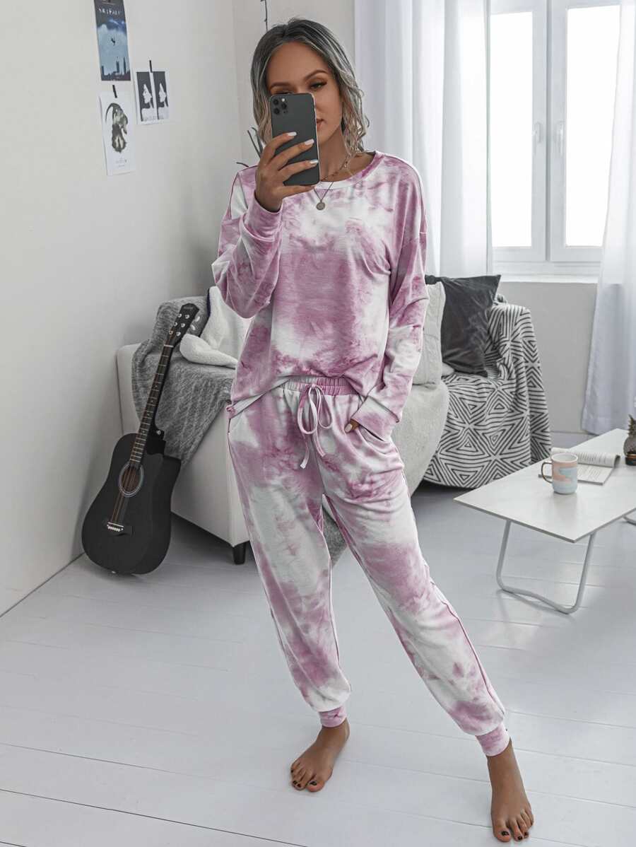 SHEIN LUNE Conjunto top de tie dye de hombros caídos con pantalones de cintura con cordón - Multicolor - Ver 1
