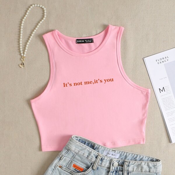 

Slogan Graphic Crop Tank Top, Baby pink