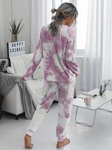 SHEIN LUNE Conjunto top de tie dye de hombros caídos con pantalones de cintura con cordón - Multicolor - Ver 2