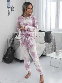 SHEIN LUNE Conjunto top de tie dye de hombros caídos con pantalones de cintura con cordón - Multicolor - Ver 3