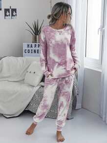 SHEIN LUNE Conjunto top de tie dye de hombros caídos con pantalones de cintura con cordón - Multicolor - Ver 4