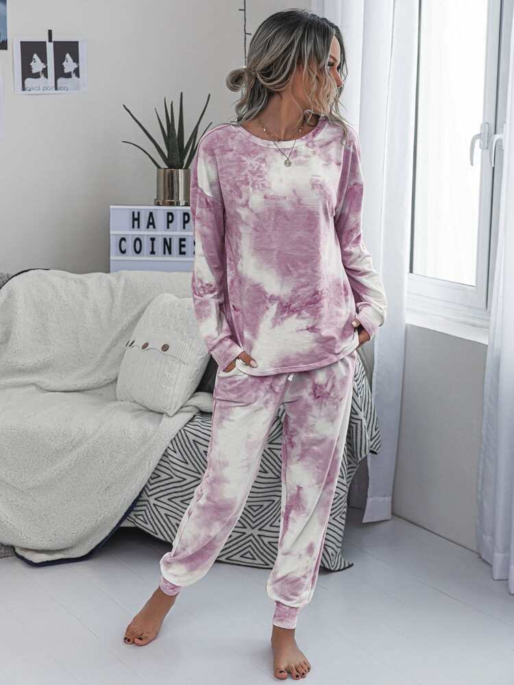 SHEIN LUNE Conjunto top de tie dye de hombros caídos con pantalones de cintura con cordón - Multicolor - Añade 4