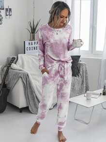 SHEIN LUNE Conjunto top de tie dye de hombros caídos con pantalones de cintura con cordón - Multicolor - Ver 5