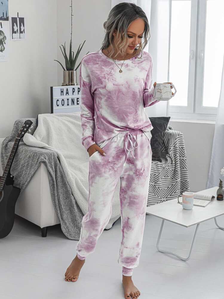 SHEIN LUNE Conjunto top de tie dye de hombros caídos con pantalones de cintura con cordón - Multicolor - Añade 5