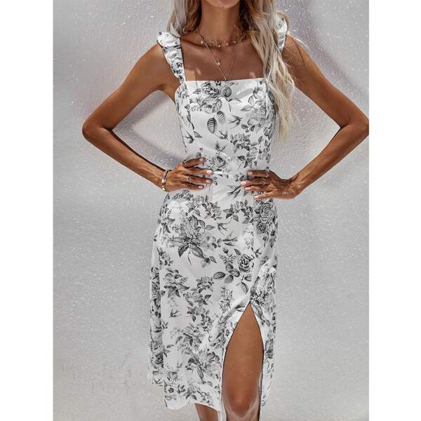 

Allover Floral Print Ruffle Trim Split Thigh Dress, Black and white