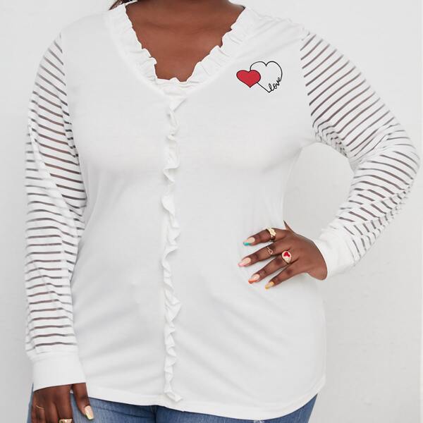 

Plus Heart Print Frill Trim V-neck Tee, White