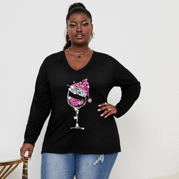 

Plus Graphic Print V Neck Tee, Black