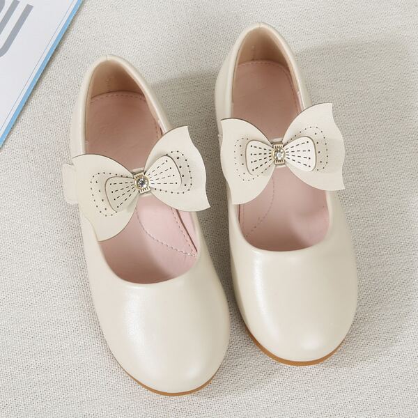 

Girls Bow Decor Velcro Strap Flats, Apricot