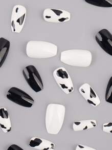 Trở nên quyến rũ hơn với 24 móng tay giả có đốm đen và trắng trong quan tài ngắn & 1 dũa móng tay & 1 băng dính dành cho phụ nữ và trẻ em gái Ấn vào móng tay Đồ dùng làm móng - Đen và trắng - Xem 3