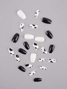 Trở nên quyến rũ hơn với 24 móng tay giả có đốm đen và trắng trong quan tài ngắn & 1 dũa móng tay & 1 băng dính dành cho phụ nữ và trẻ em gái Ấn vào móng tay Đồ dùng làm móng - Đen và trắng - Xem 4