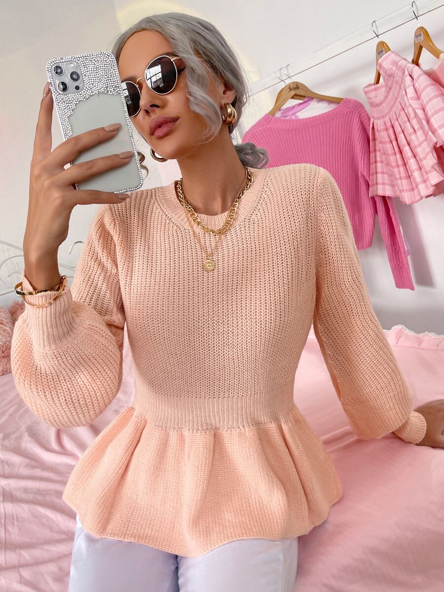 荷葉擺燈籠袖套頭毛衣 - 珊瑚粉 - 查看 1