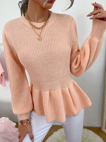 荷葉擺燈籠袖套頭毛衣 - 珊瑚粉 - 查看 3