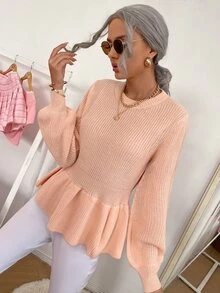 荷葉擺燈籠袖套頭毛衣 - 珊瑚粉 - 查看 5