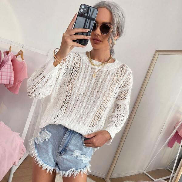 

Open Knit Drop Shoulder Sweater, White