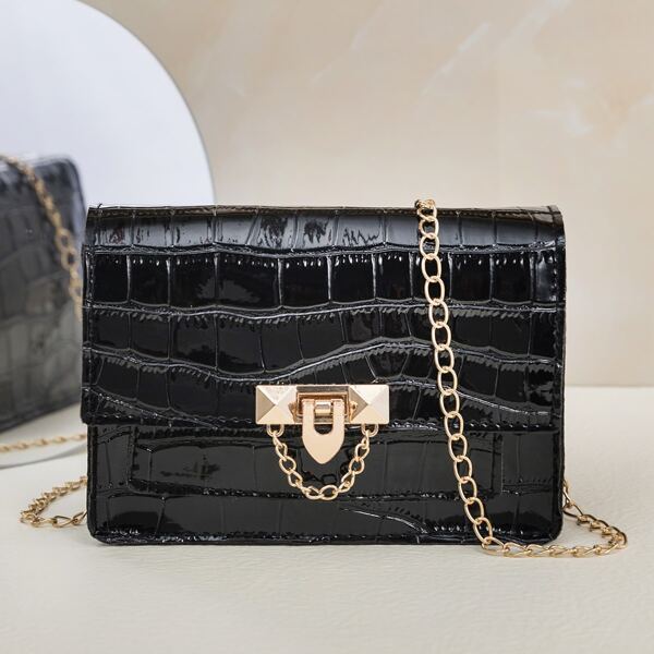 

Croc Embossed Push Lock Chain Bag, Black