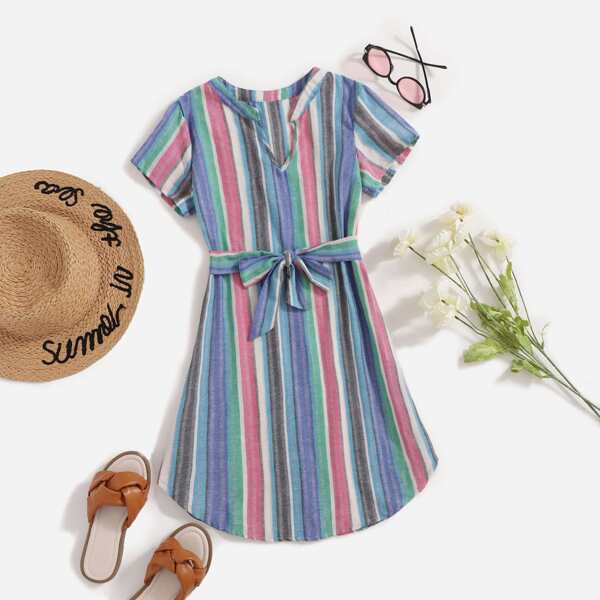 

Girls Notch Neck Self Belted Striped Dress, Multicolor